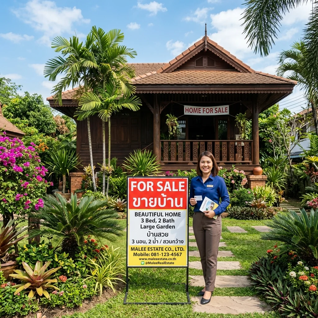 นายหน้าอสังหาริมทรัพย์และป้ายประกาศขายบ้าน